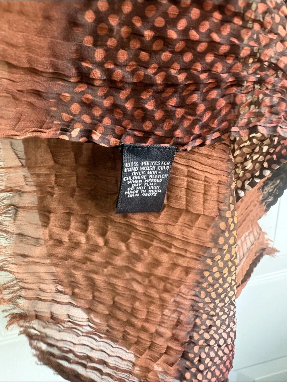Woven Gradient Pleated Fringe Scarf or Wrap in Brown and Rust